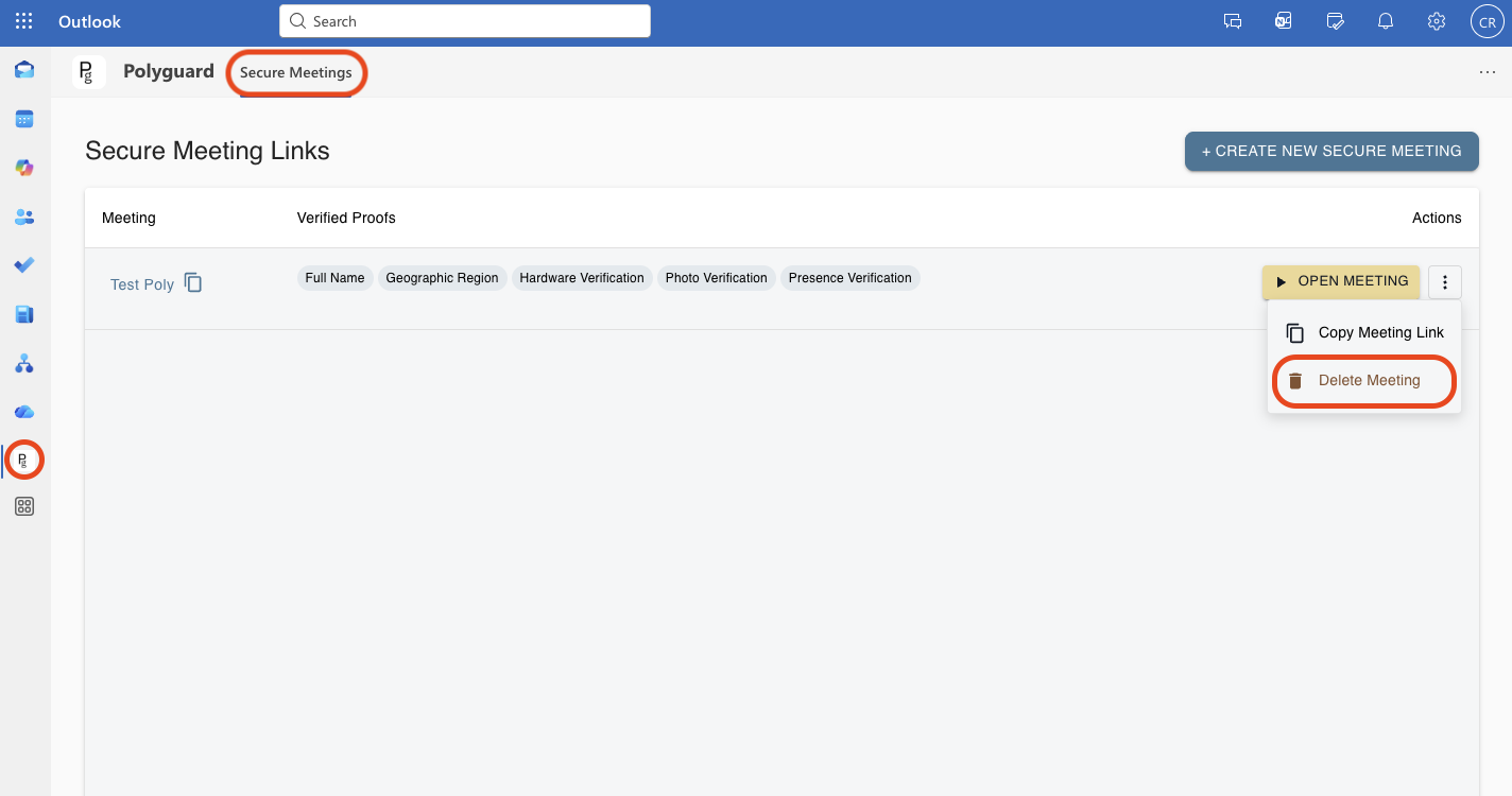 Delete meeting from Polyguard