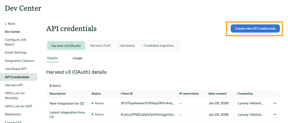 API Credentials page with the Create new API credentials button highlighted