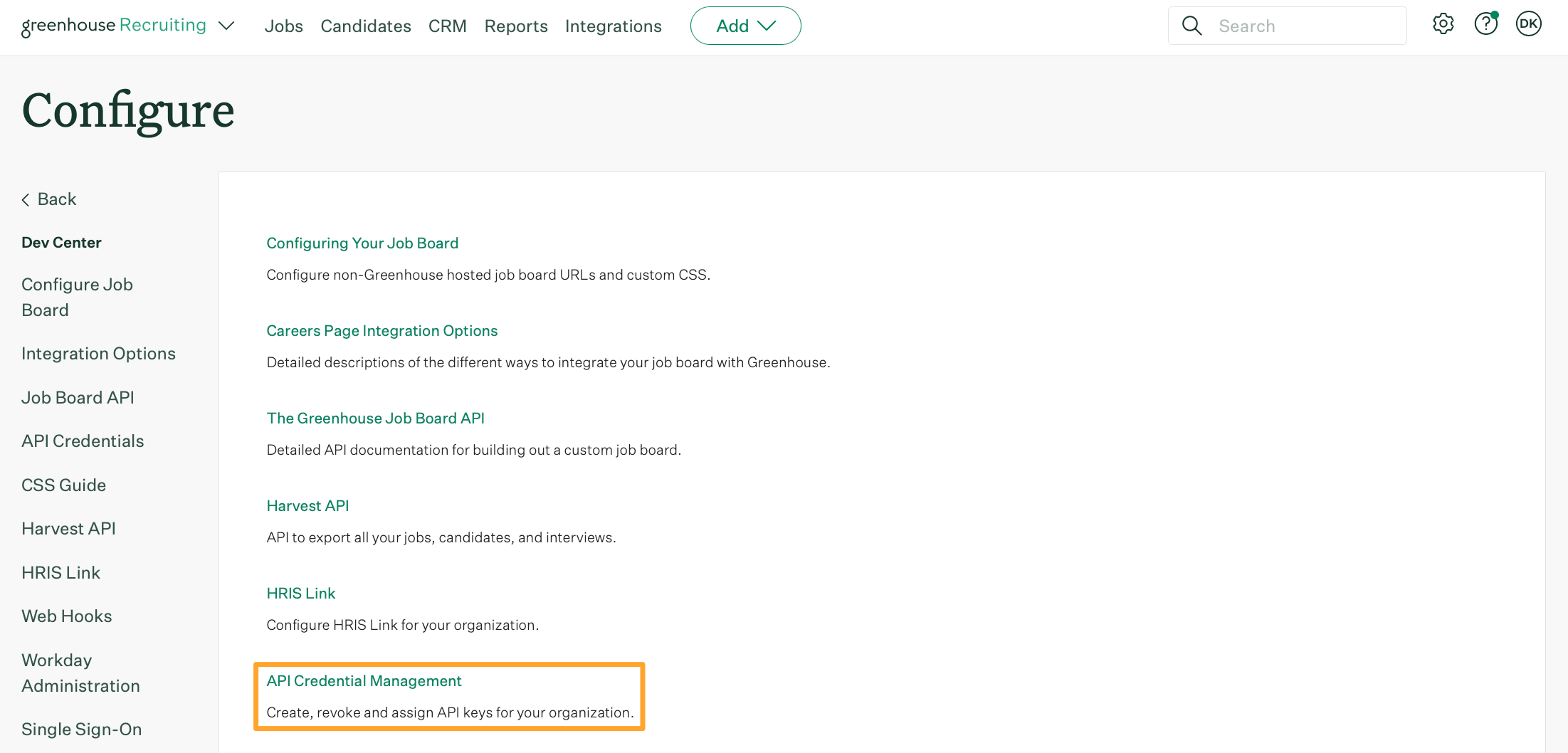 Dev Center with API Credential Management highlighted